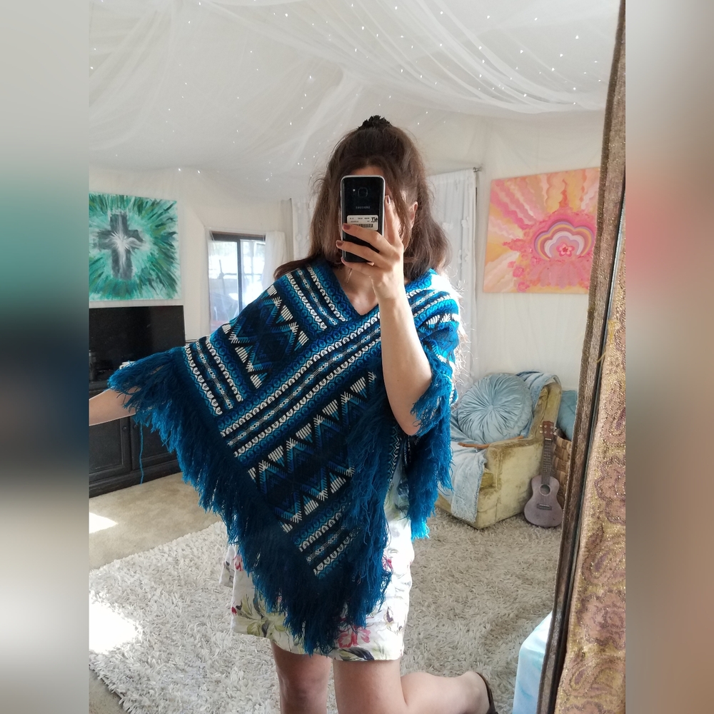 Vintage Cotton Blue and White Patterned Poncho